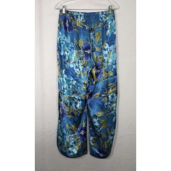 Vintage California Dynasty Blue Floral Satin Pajama Lounge Set Top Pants Medium - Picture 9 of 16